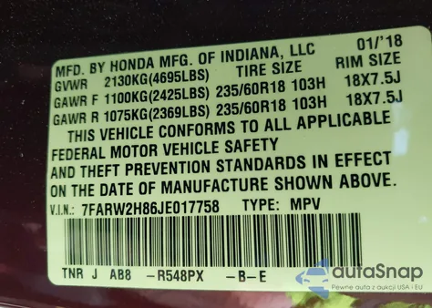 2018 Honda Cr-V Ex-L/Ex-L Navi from USA, damaged, VIN 7FARW2H86JE017758